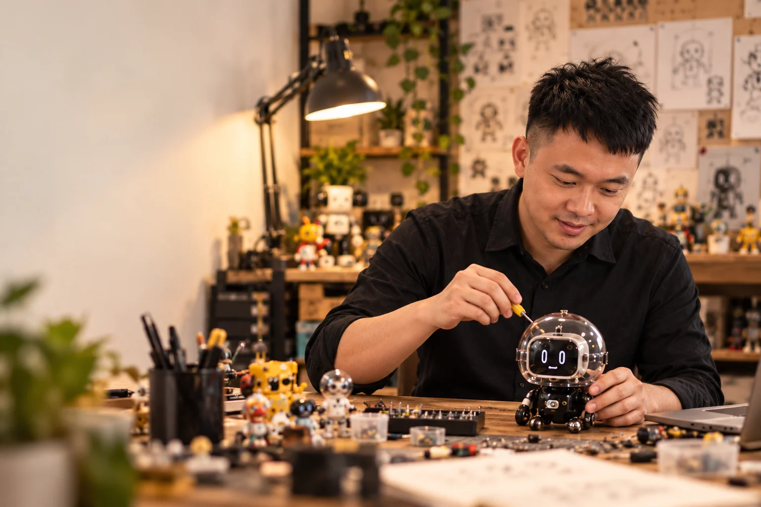 Portrait of Bryan in a warm studio, adjusting an imagined tabletop robot